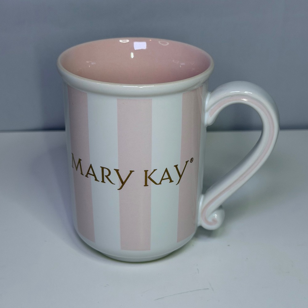 Mary Kay Pink White Striped Ceramic Coffee Mug Gold Logo 4 Inch Cup